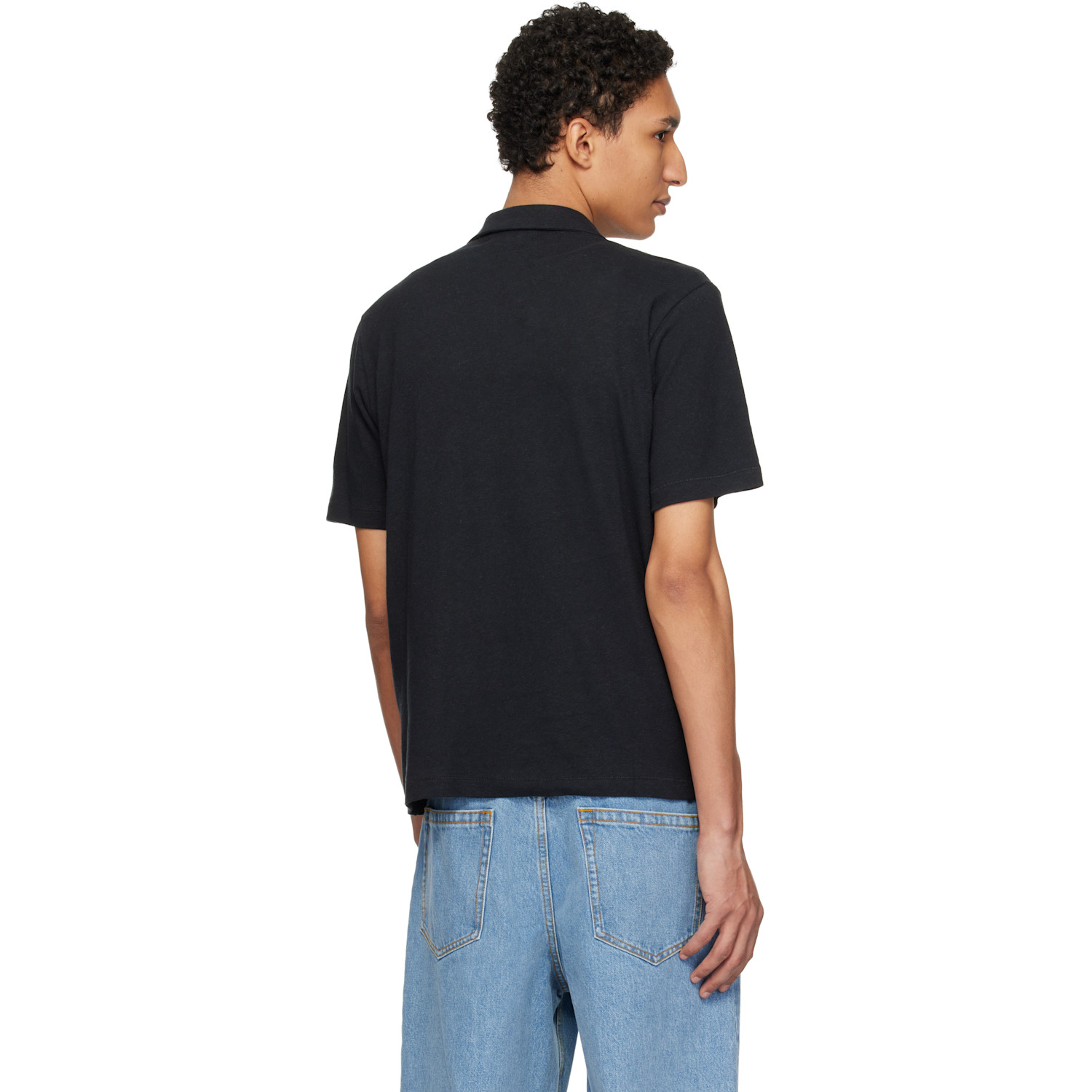  Merz B. Schwanen Black Linen-cotton Relaxed Fit Polo 