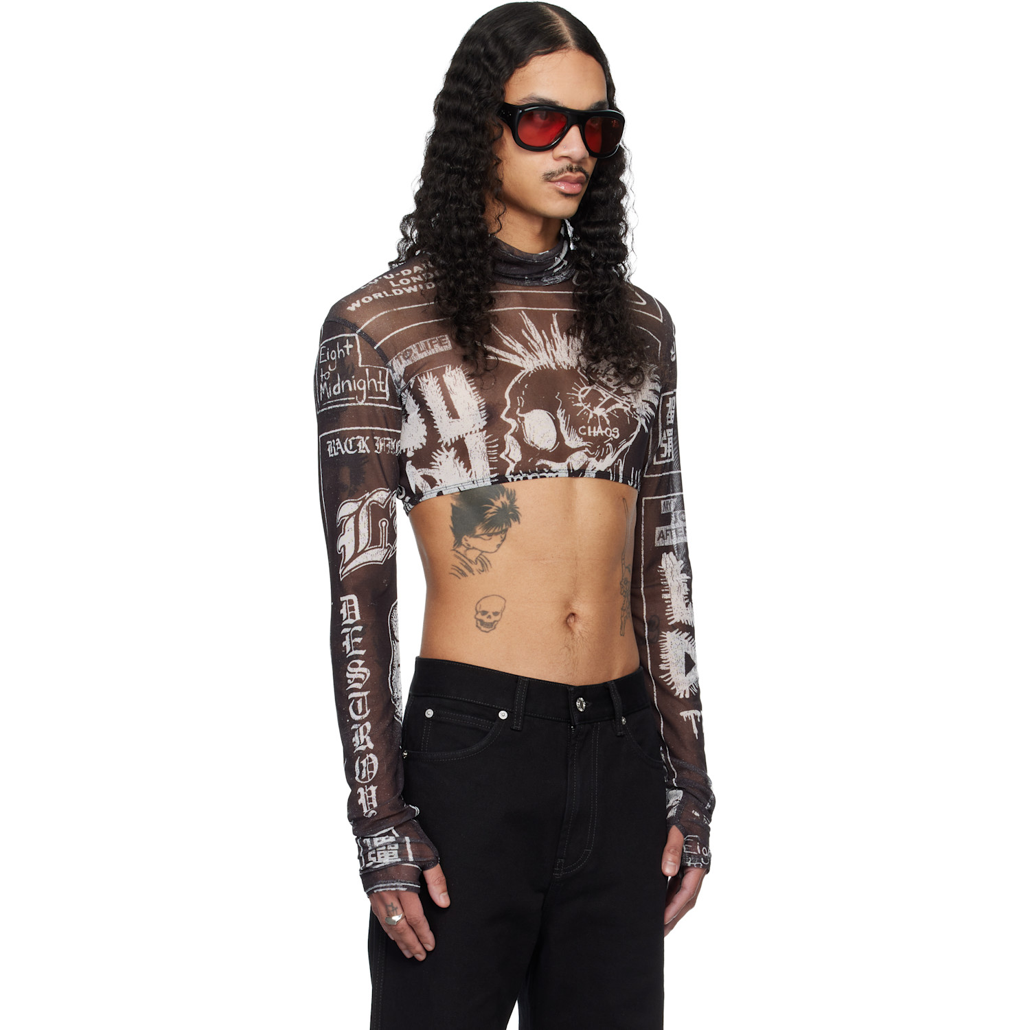  Lu'u Dan Black Masked Mesh Crop Top 