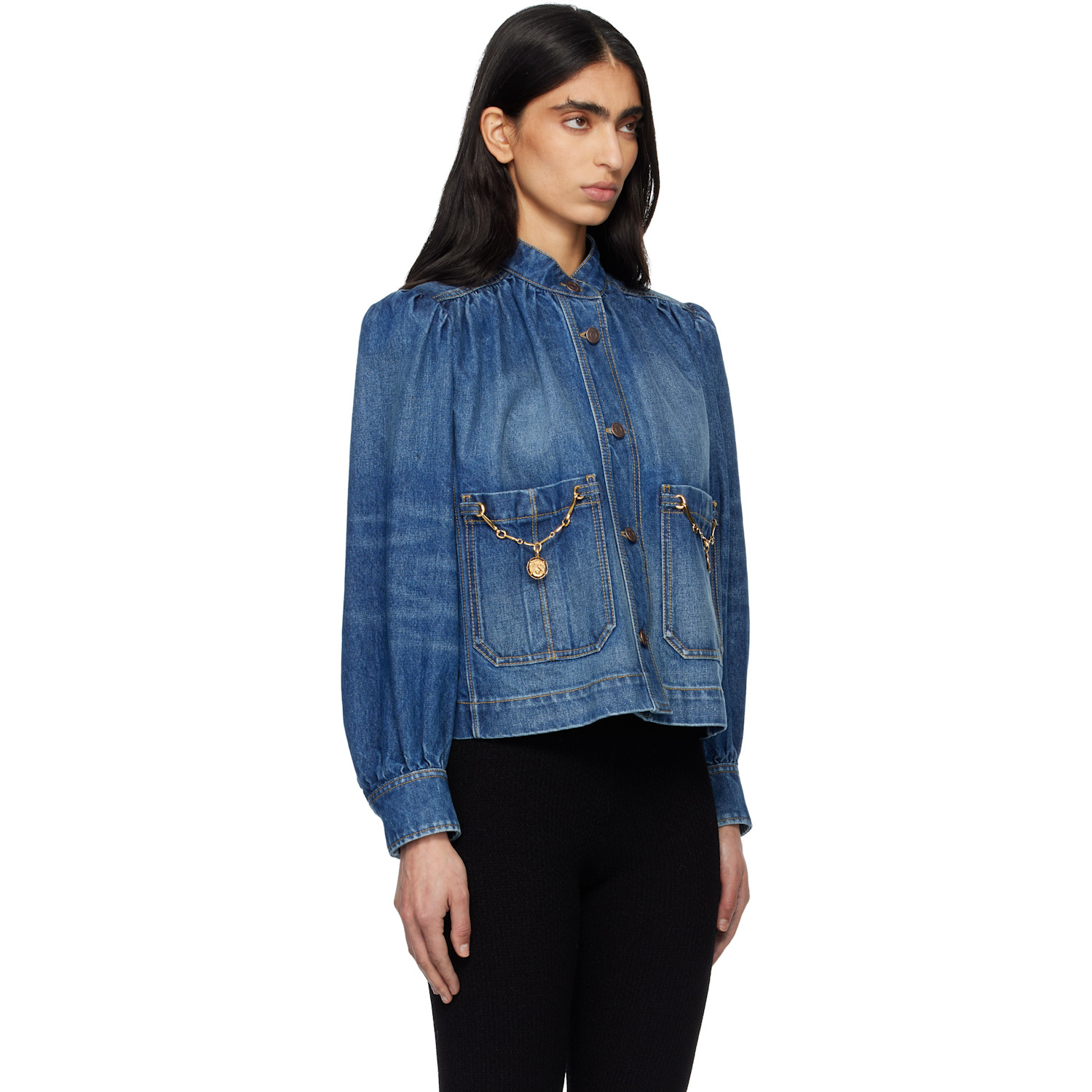  Chloé Indigo High-neck Gathered Denim Jacket 