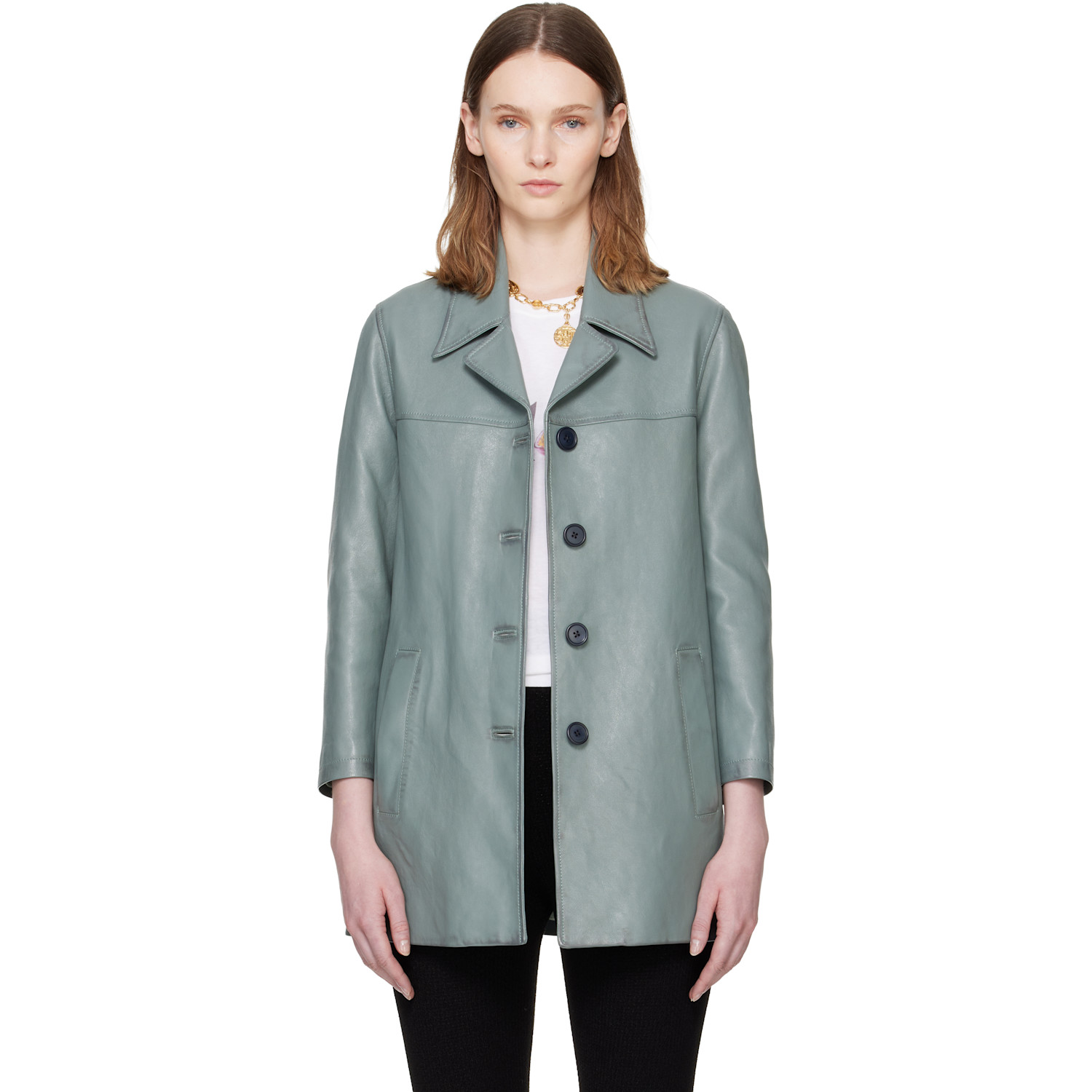 Chloé Blue Single-Breasted Long Leather Jacket