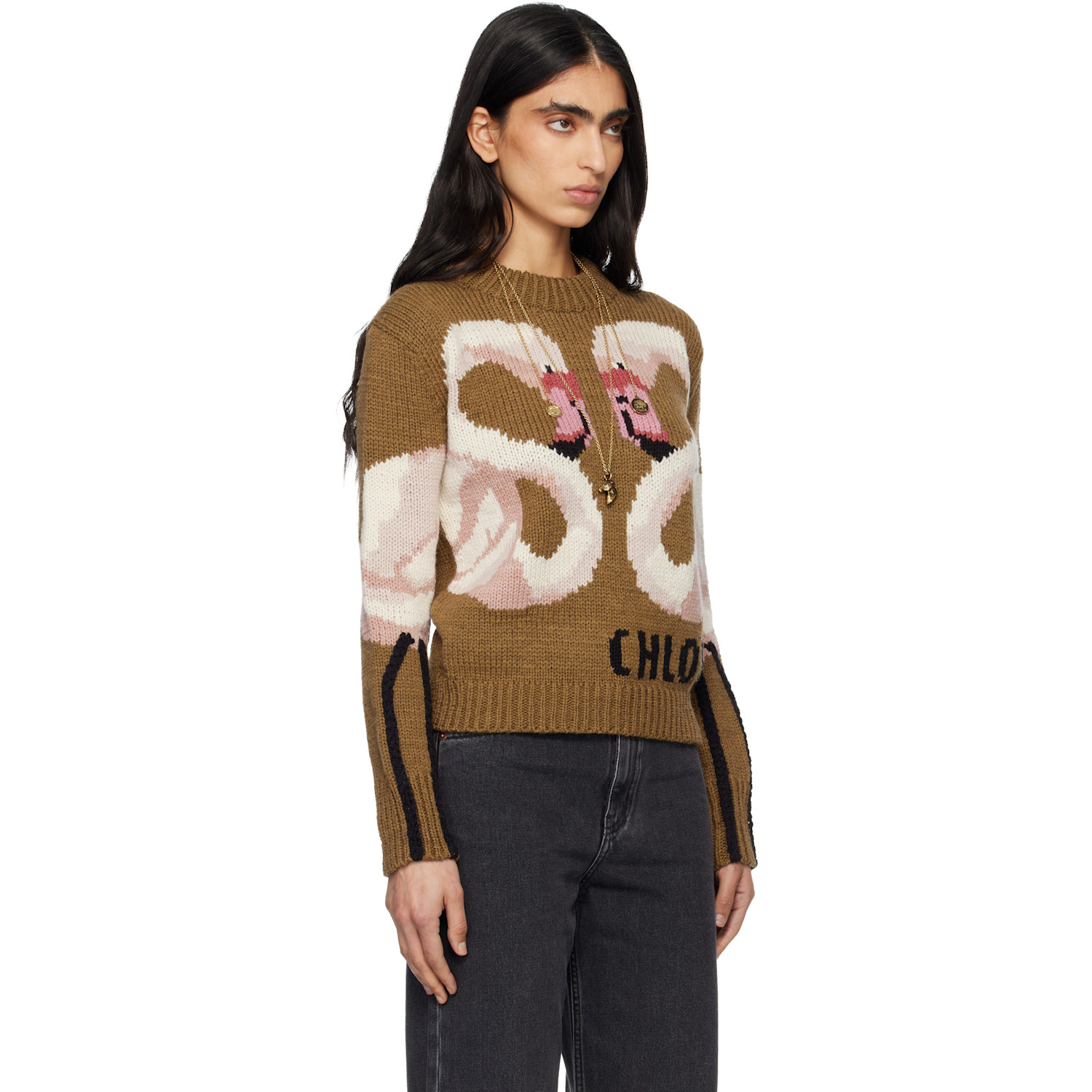  Chloé Brown Crew-neck Logo Wool Knit Sweater 