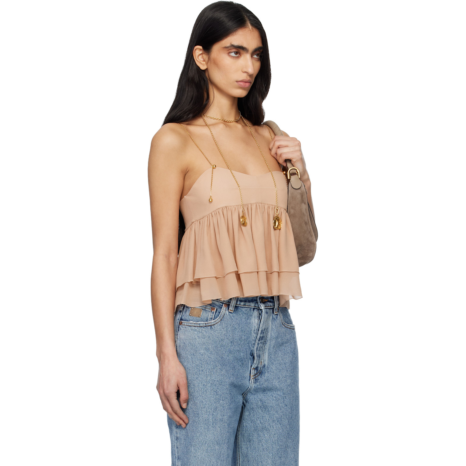  Chloé Pink Sleeveless Ruffle Silk Georgette Top 