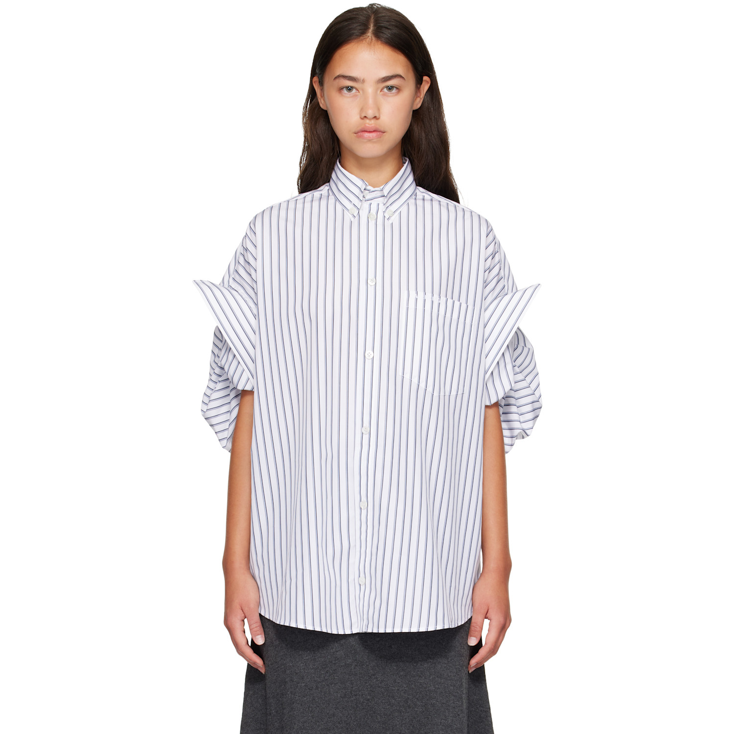 Balenciaga White & Blue Tucked Sleeve Shirt