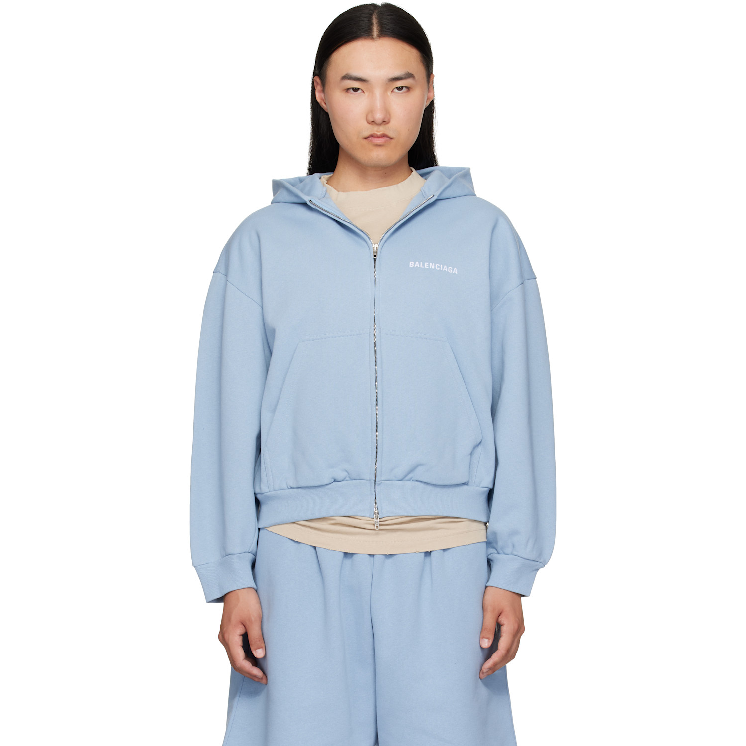 Balenciaga Blue Embroidered Zip-Up Hoodie