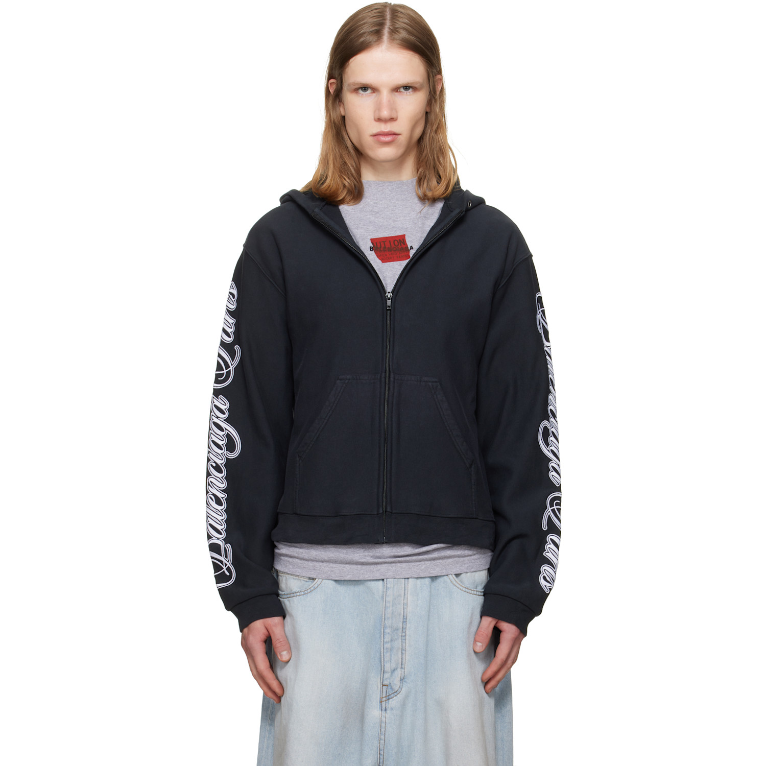 Balenciaga Black Cursive Zip-Up Regular Fit Hoodie