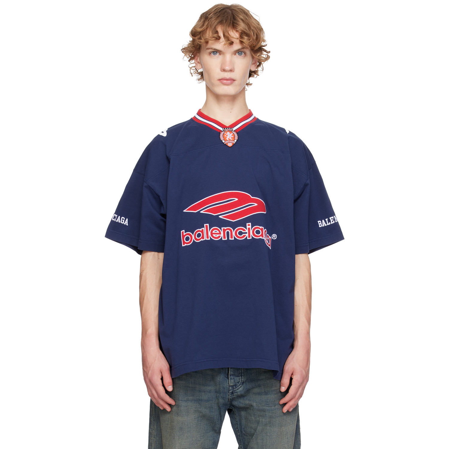 Balenciaga Navy 3B Football V-Neck Oversized T-shirt