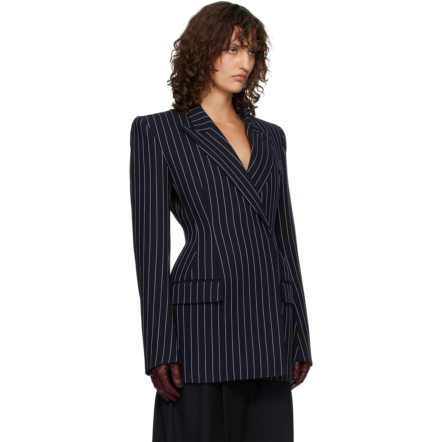  Mugler Navy Pinstripe Hourglass Blazer 