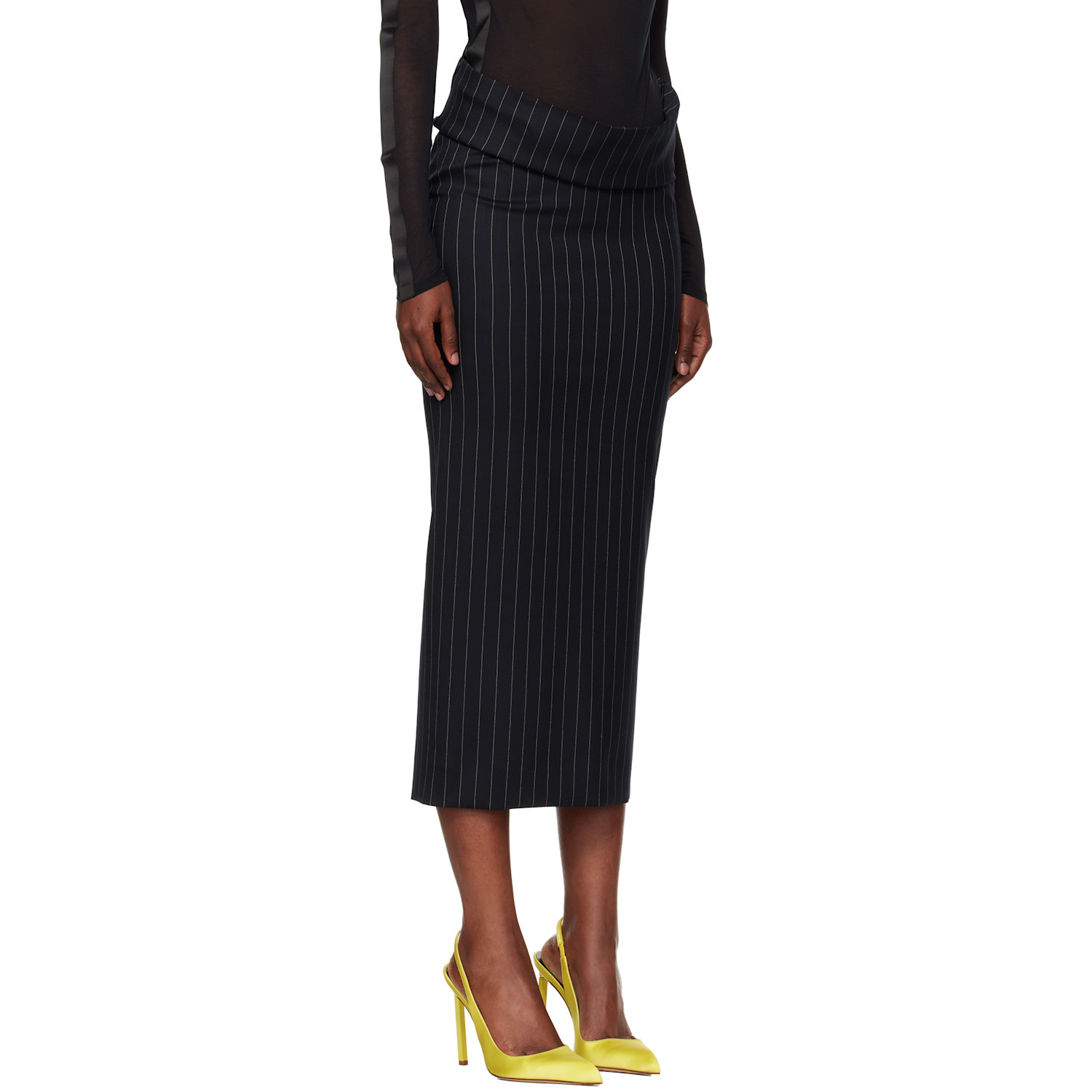  Mugler Navy Pinstripe Stretch Tube Midi Skirt 