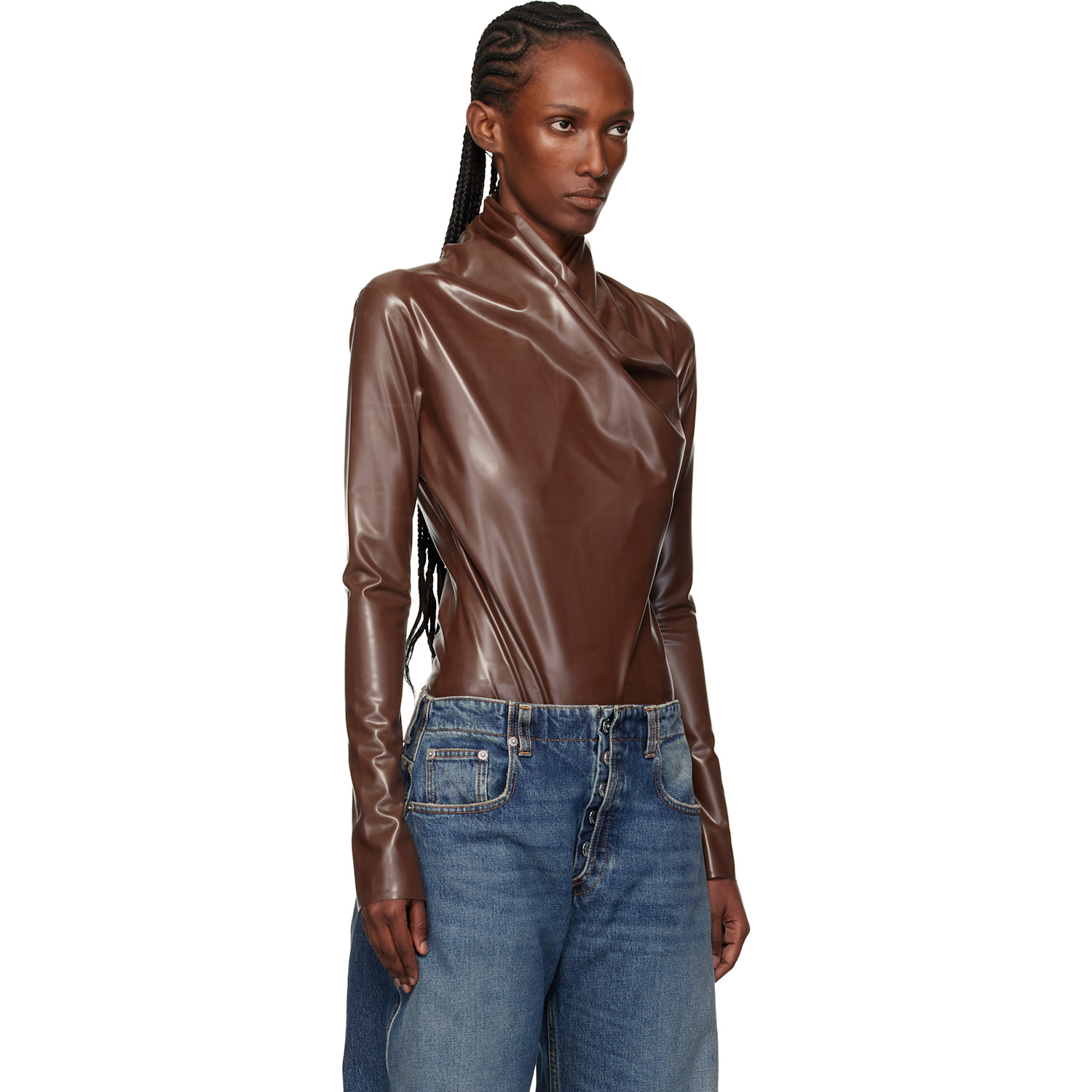 Mugler Brown Latex Scarf Bodysuit 