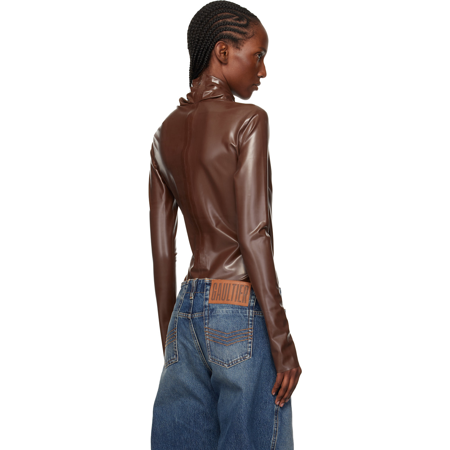  Mugler Brown Latex Scarf Bodysuit 