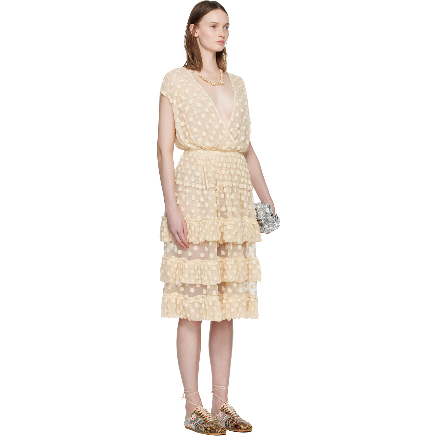  Dries Van Noten Off-white Ruffled Mesh Midi Dress 
