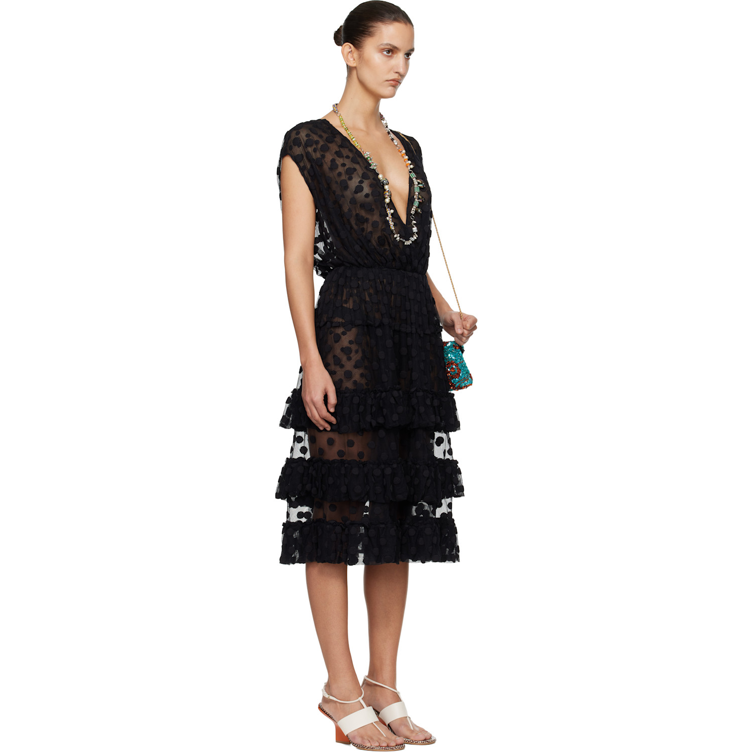  Dries Van Noten Black Ruffled Mesh Midi Dress 