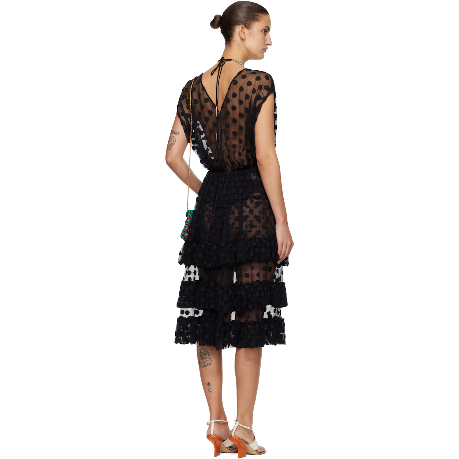  Dries Van Noten Black Ruffled Mesh Midi Dress 