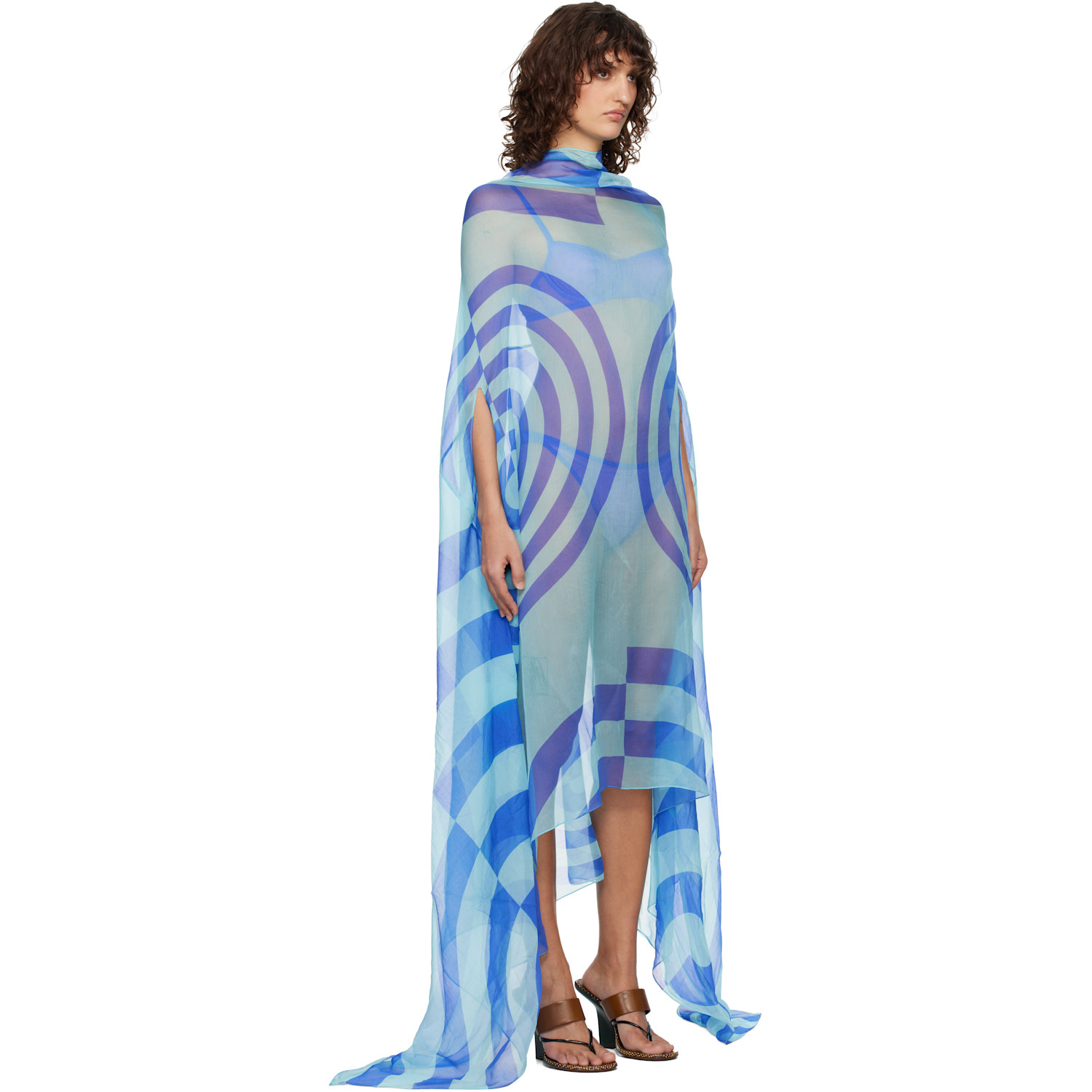  Dries Van Noten Blue Silk Cape Maxi Dress 