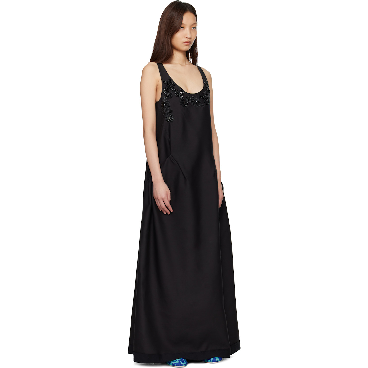  Dries Van Noten Black Rounded Wool & Silk Maxi Dress 