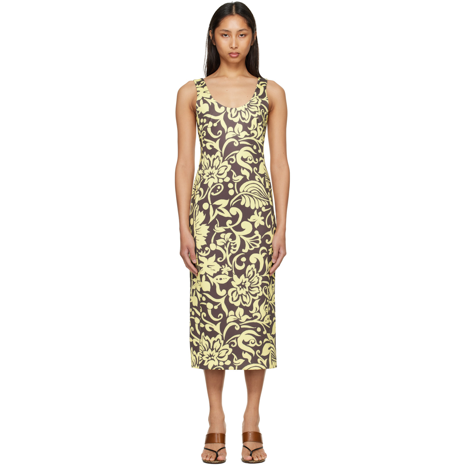 Dries Van Noten Yellow & Taupe Fitted Structured Maxi Dress