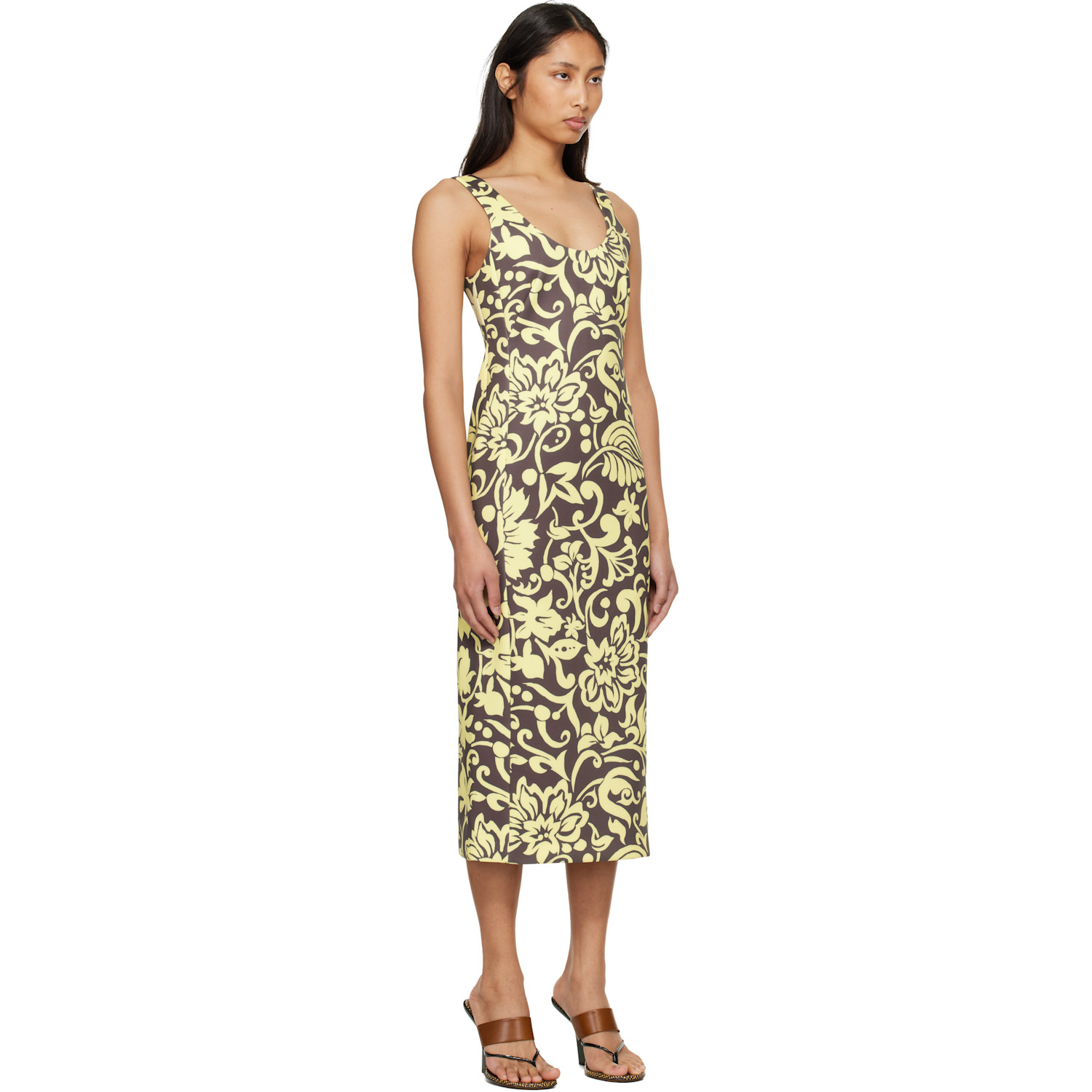  Dries Van Noten Yellow & Taupe Fitted Structured Maxi Dress 