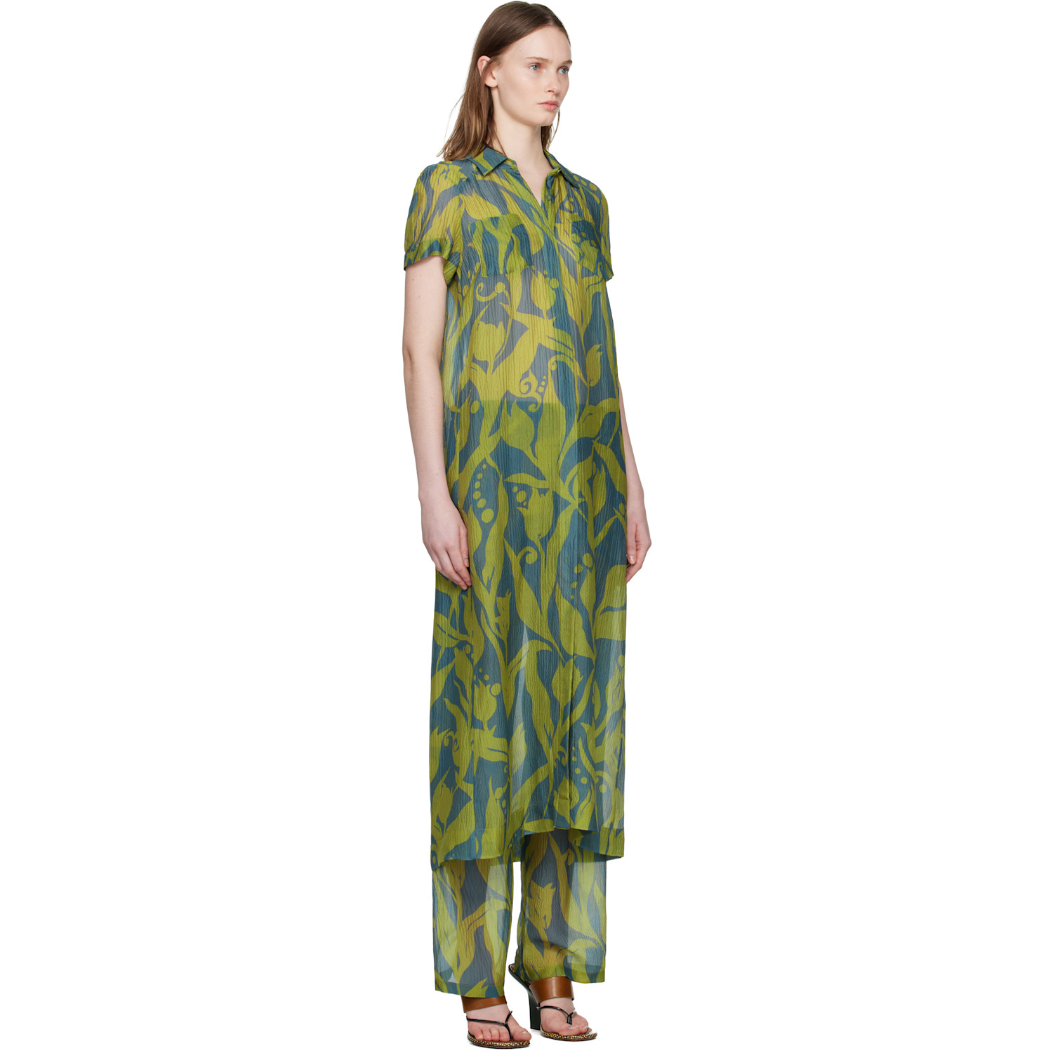  Dries Van Noten Green & Blue Long Shirt Maxi Dress 