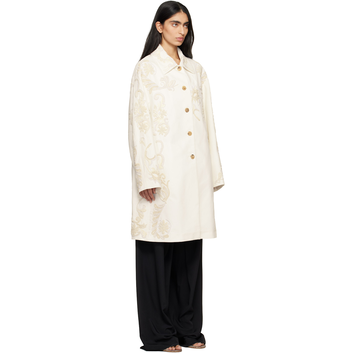  Dries Van Noten Off-white Embroidered A-line Coat 