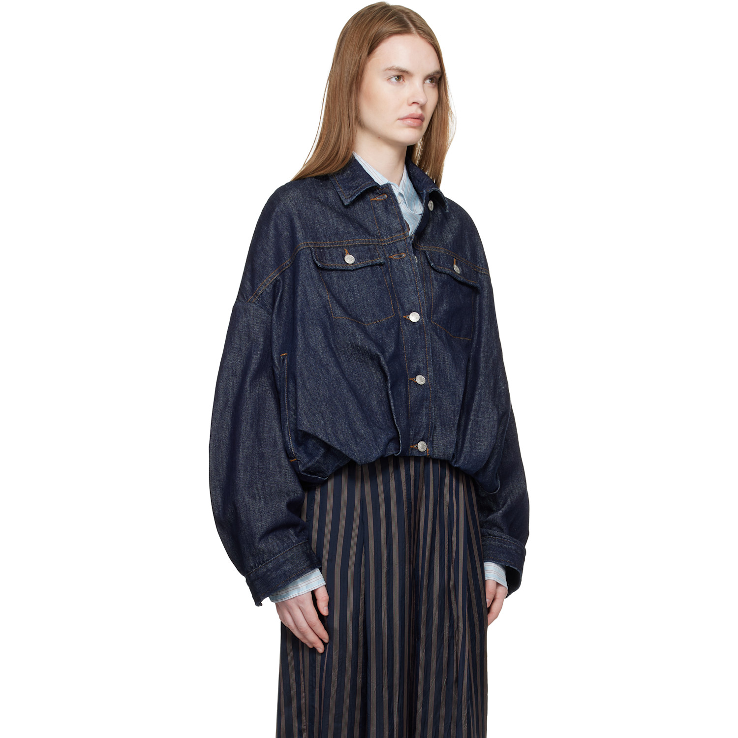  Dries Van Noten Navy Bubble Hem Denim Jacket 
