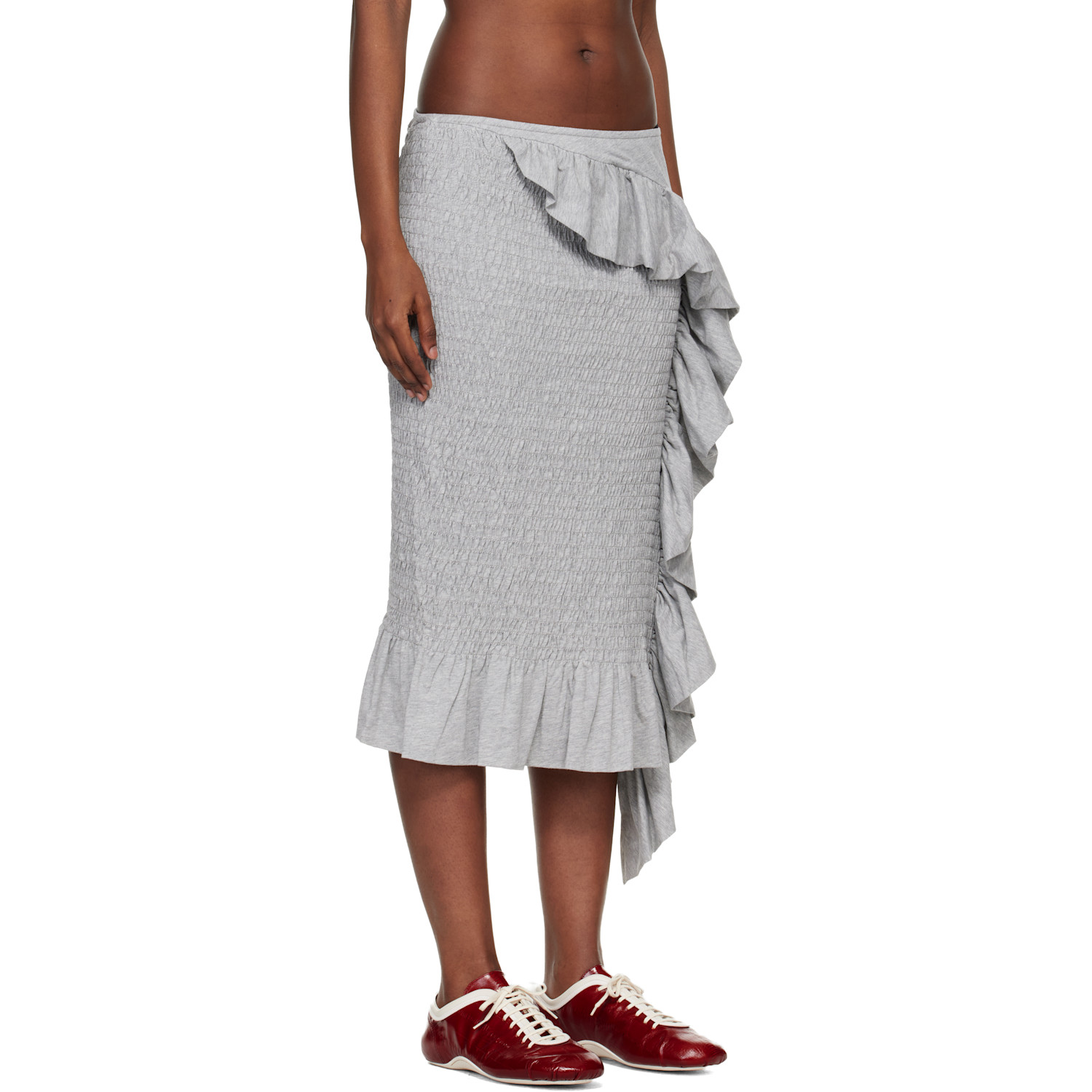  Dries Van Noten Gray Shirred Ruffle Midi Skirt 