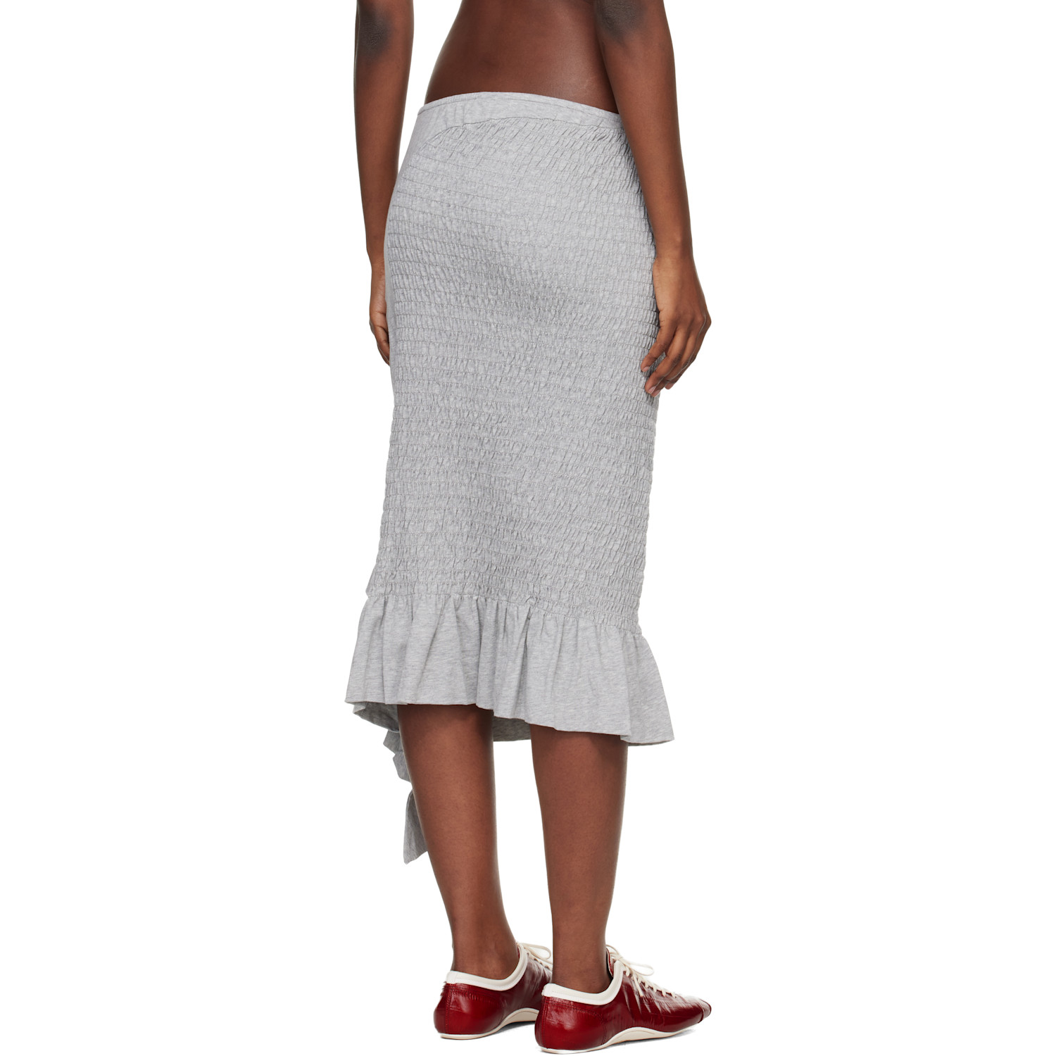  Dries Van Noten Gray Shirred Ruffle Midi Skirt 