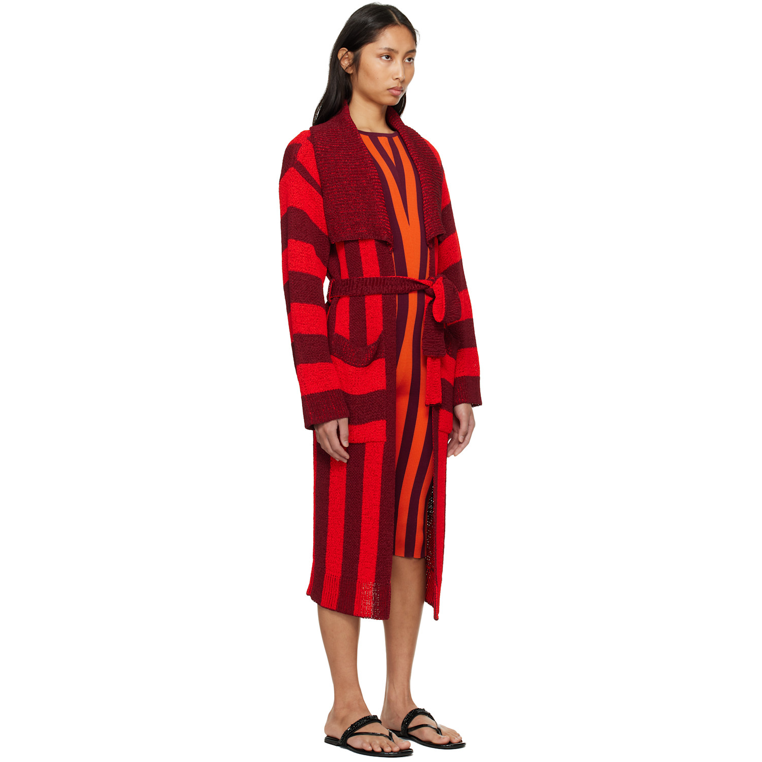  Dries Van Noten Red & Burgundy Loose Belted Cardigan 