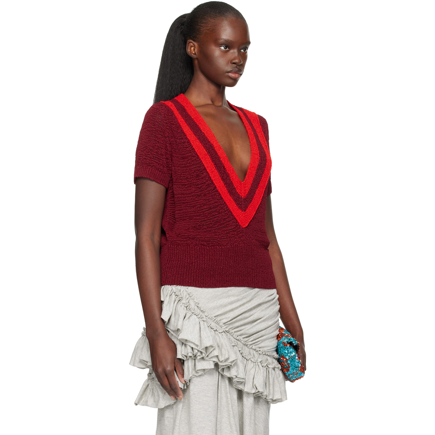  Dries Van Noten Burgundy V-neck Knit Sweater 