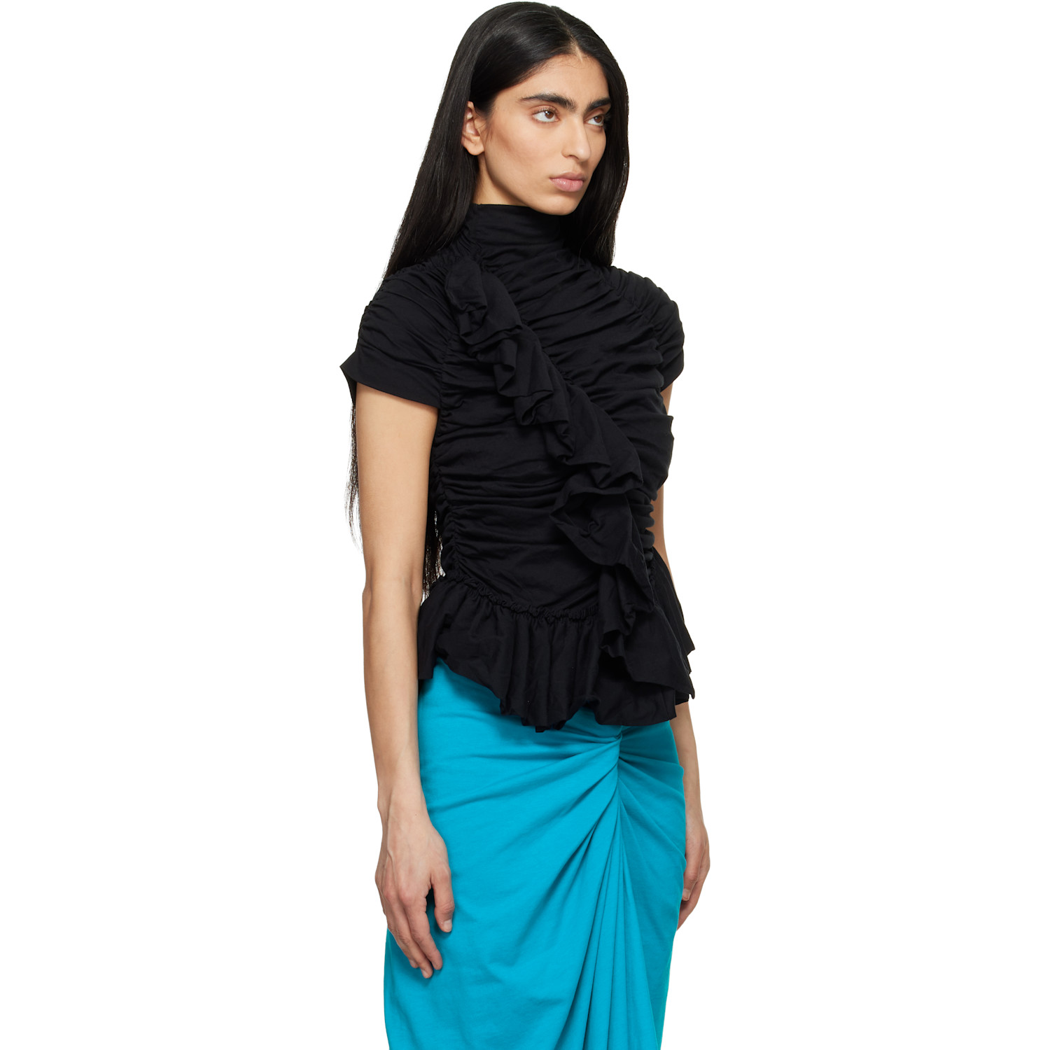  Dries Van Noten Black Fitted Gathered High-neck Blouse 