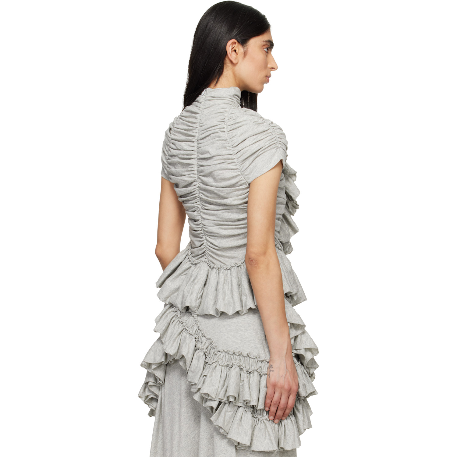  Dries Van Noten Gray Fitted Gathered High-neck Blouse 