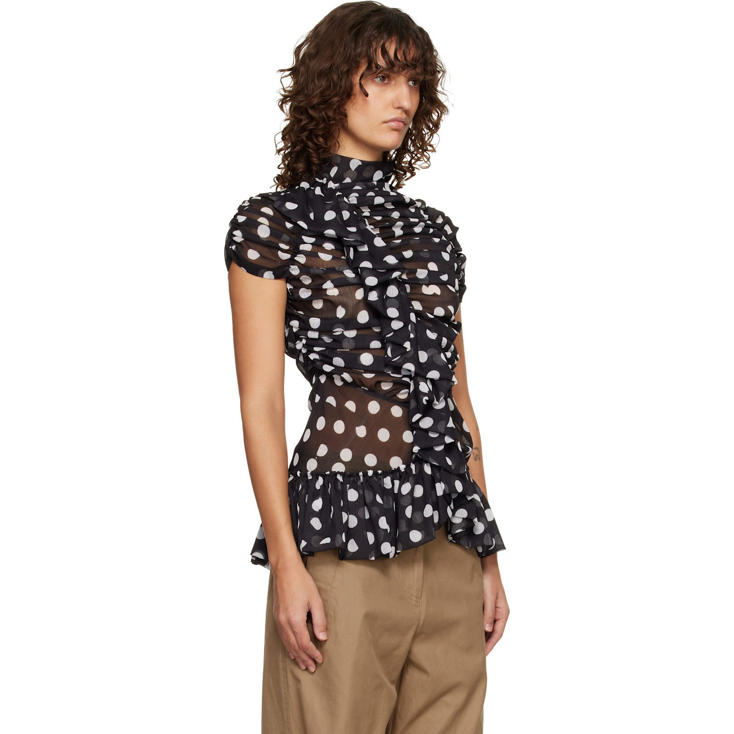  Dries Van Noten Black Fitted Gathered High-neck Blouse 