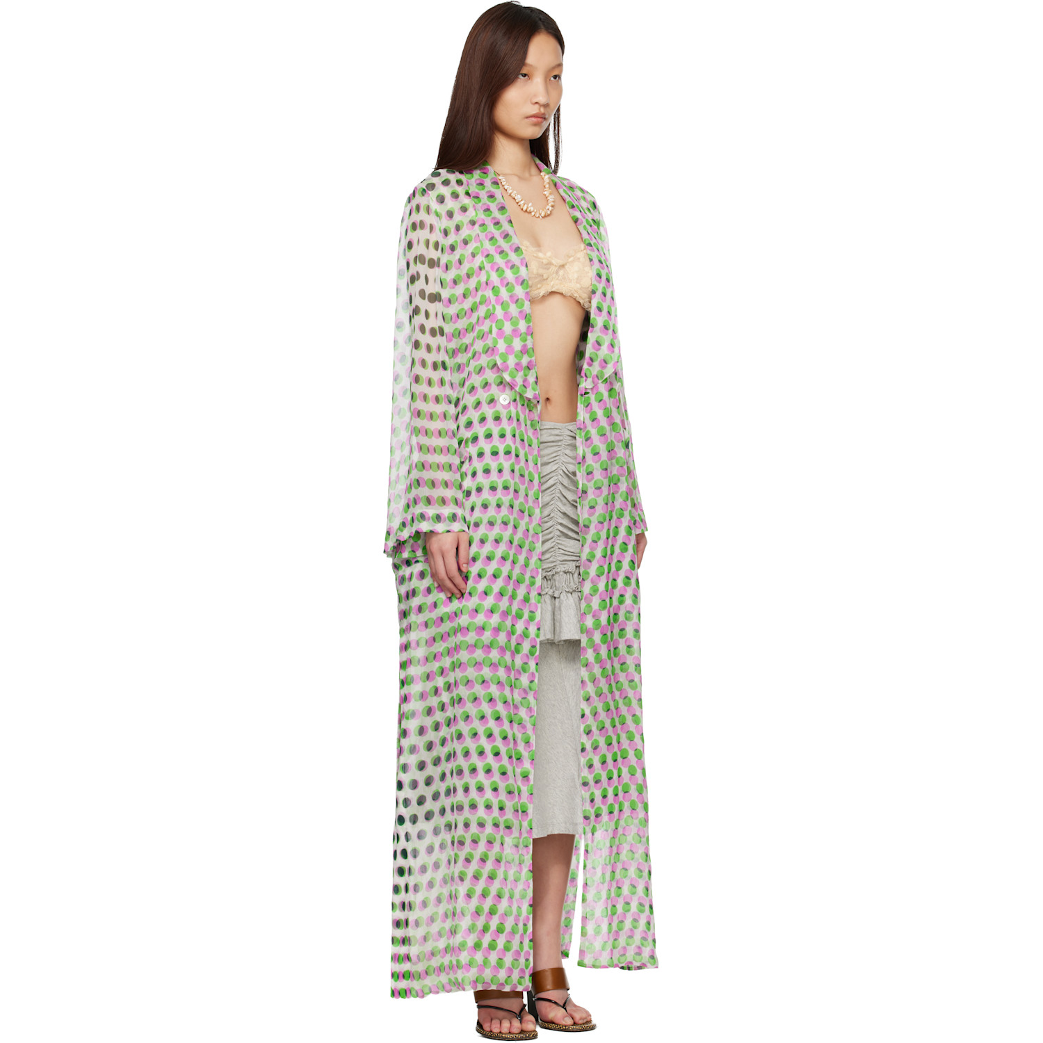  Dries Van Noten White & Green Polka Dot Print Silk Creponne Jacket 