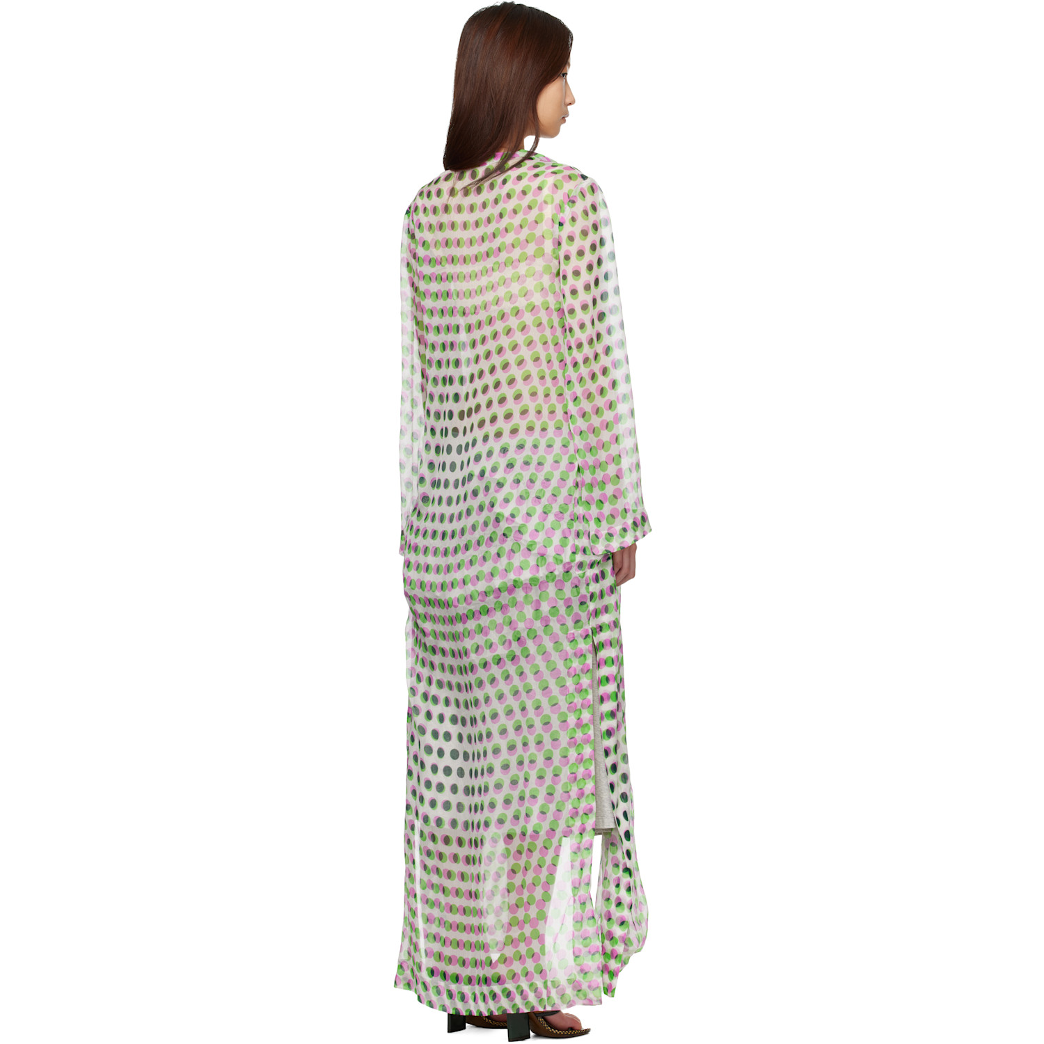  Dries Van Noten White & Green Polka Dot Print Silk Creponne Jacket 