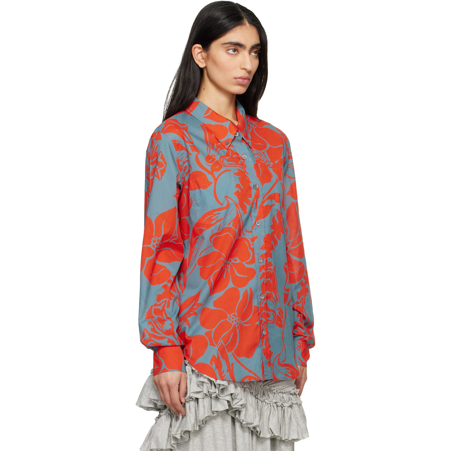  Dries Van Noten Gray & Orange Voile Floral Print Shirt 