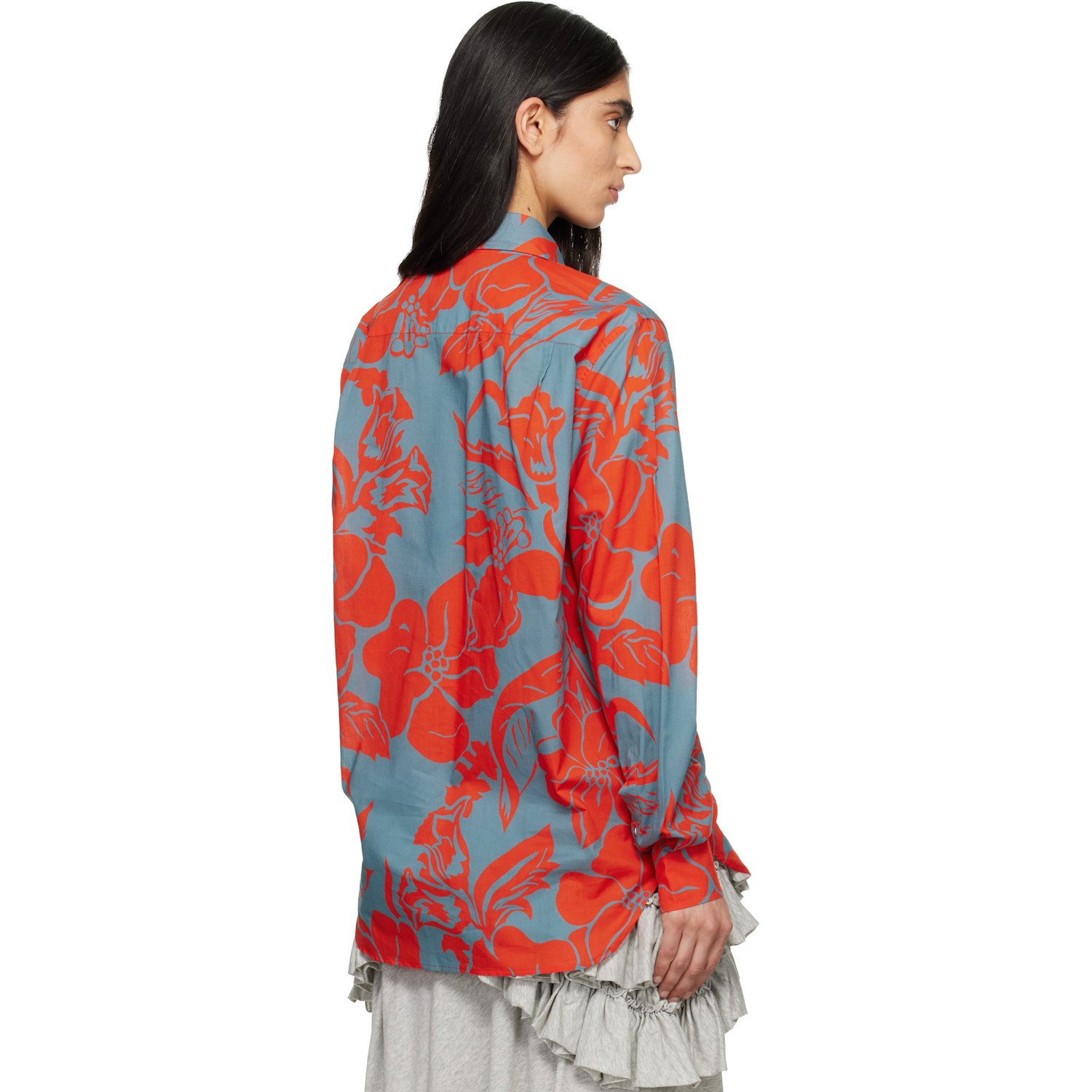  Dries Van Noten Gray & Orange Voile Floral Print Shirt 