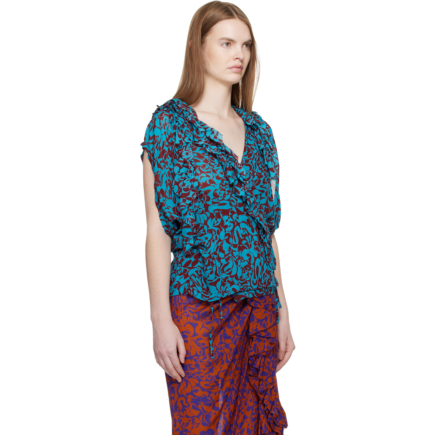  Dries Van Noten Blue & Burgundy Pattern Top 