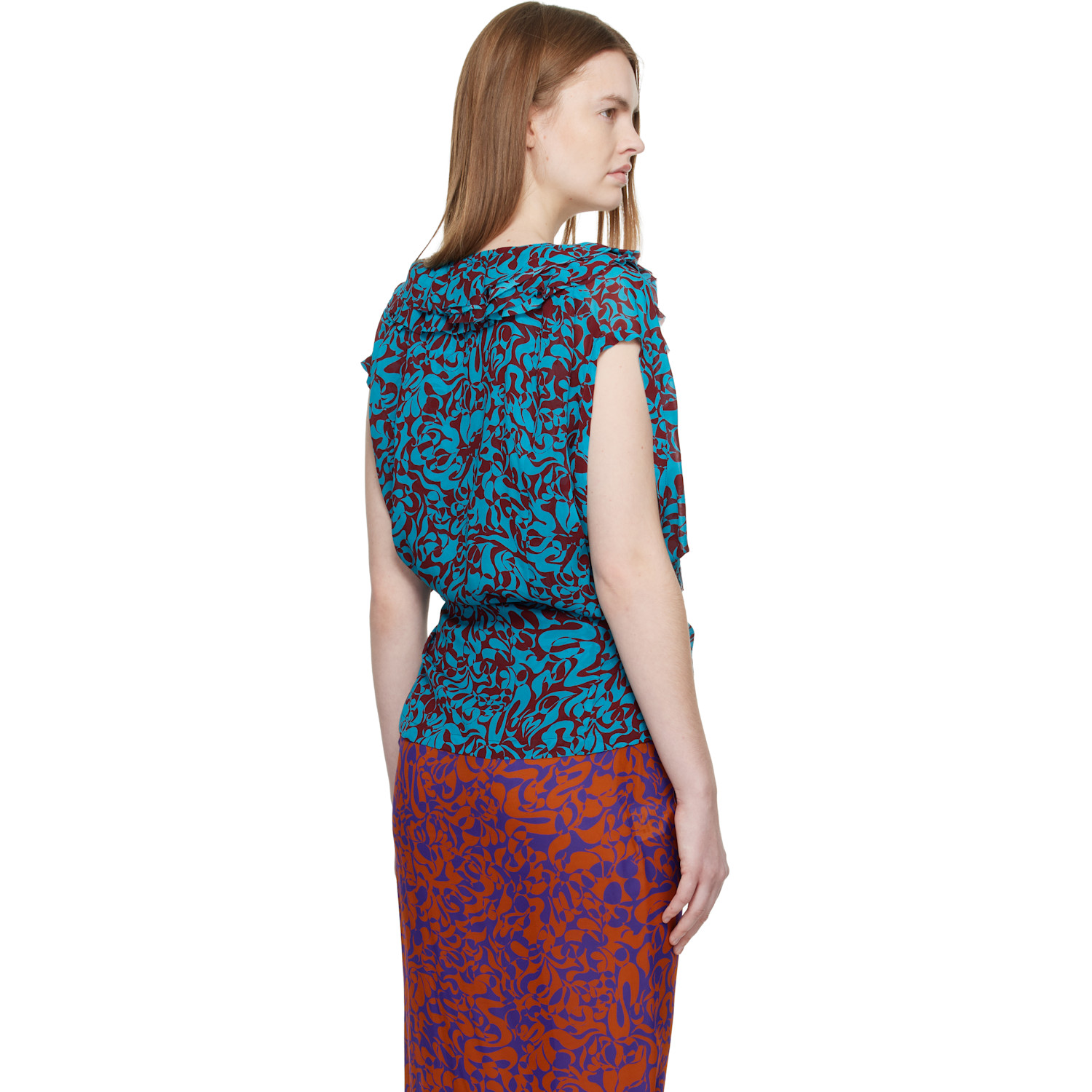  Dries Van Noten Blue & Burgundy Pattern Top 