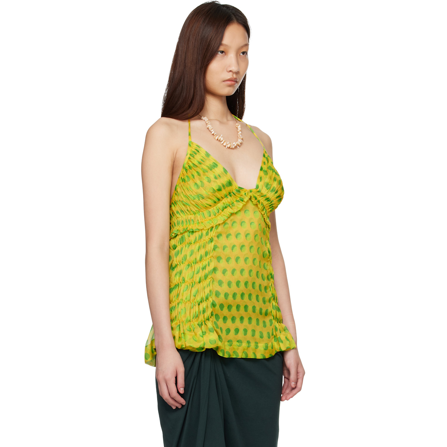  Dries Van Noten Yellow & Green Optical Polka Dot Silk Halter Top 