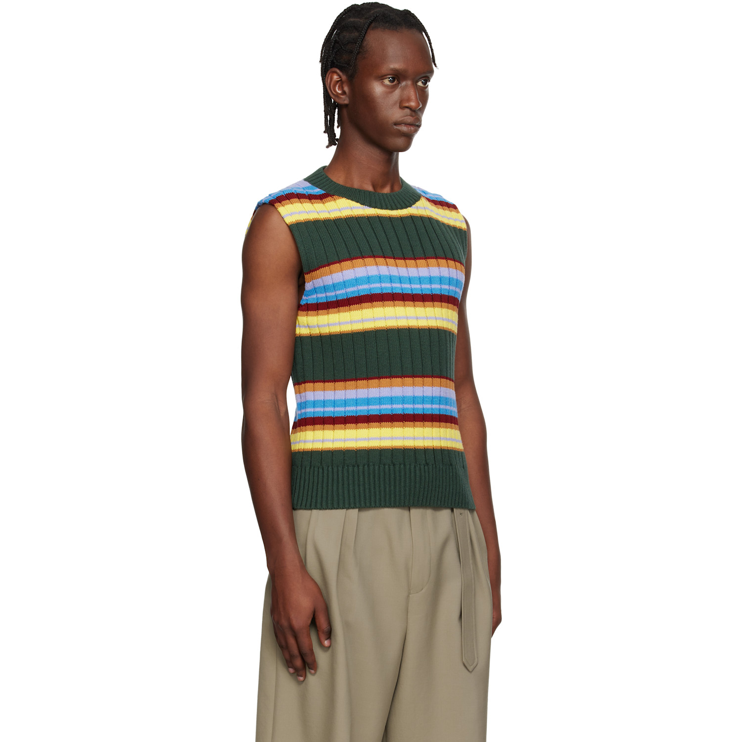  Dries Van Noten Green Striped Sleeveless Sweater 