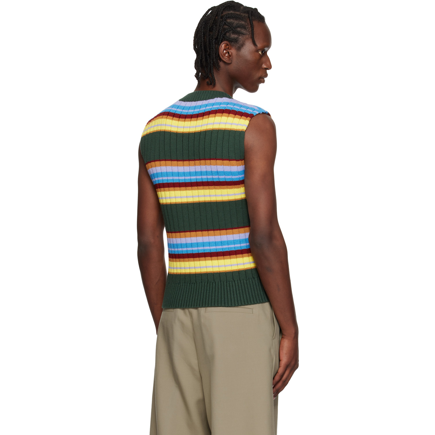  Dries Van Noten Green Striped Sleeveless Sweater 