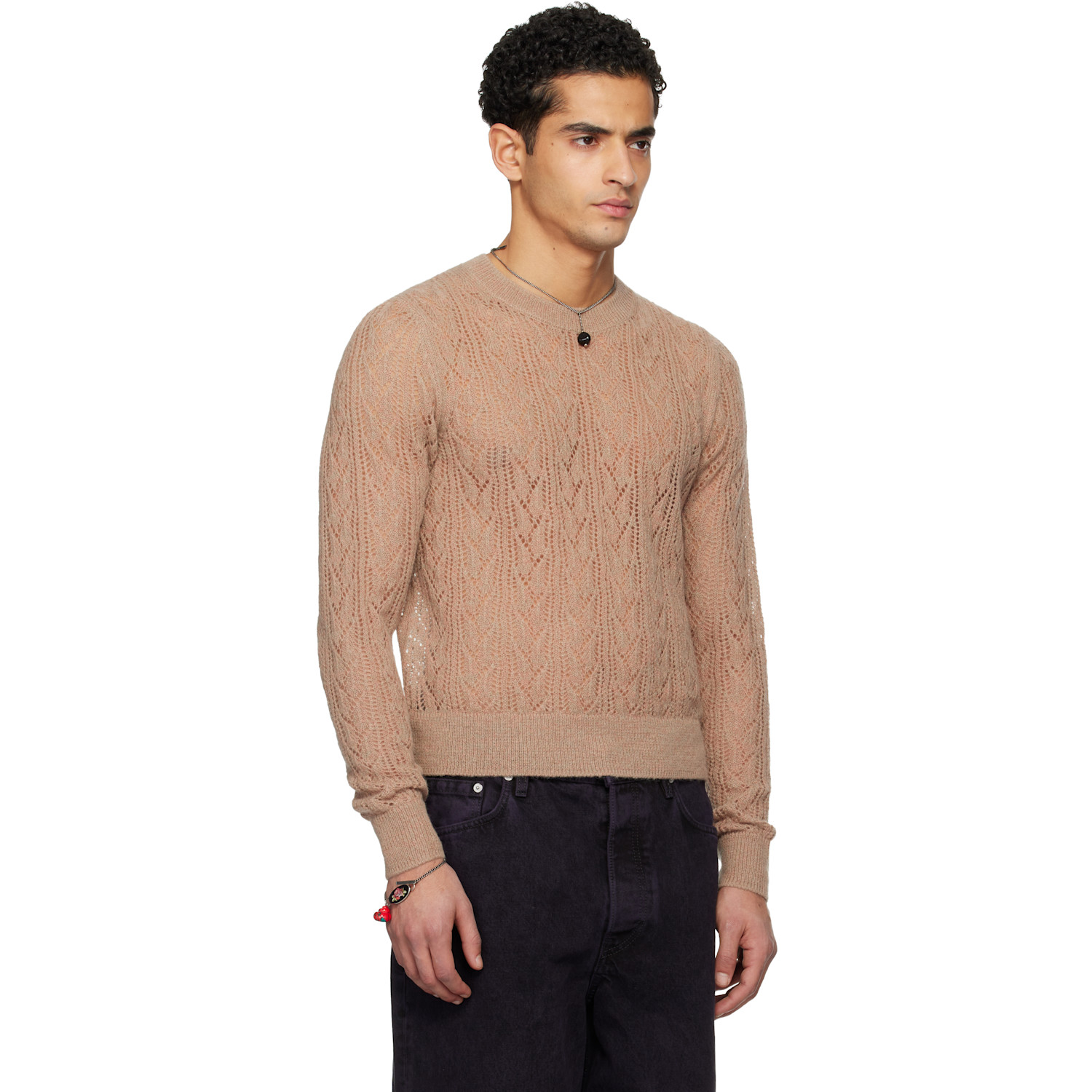  Dries Van Noten Taupe Lace Stitch Alpaca Sweater 