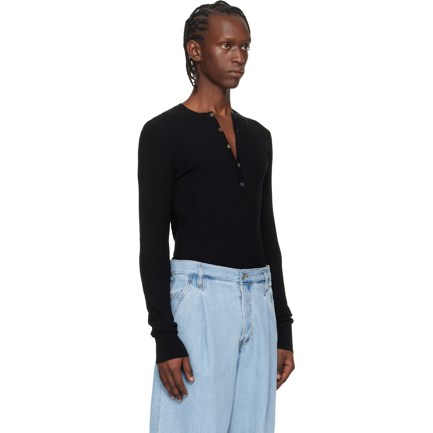  Dries Van Noten Black Rib-knit Henley 