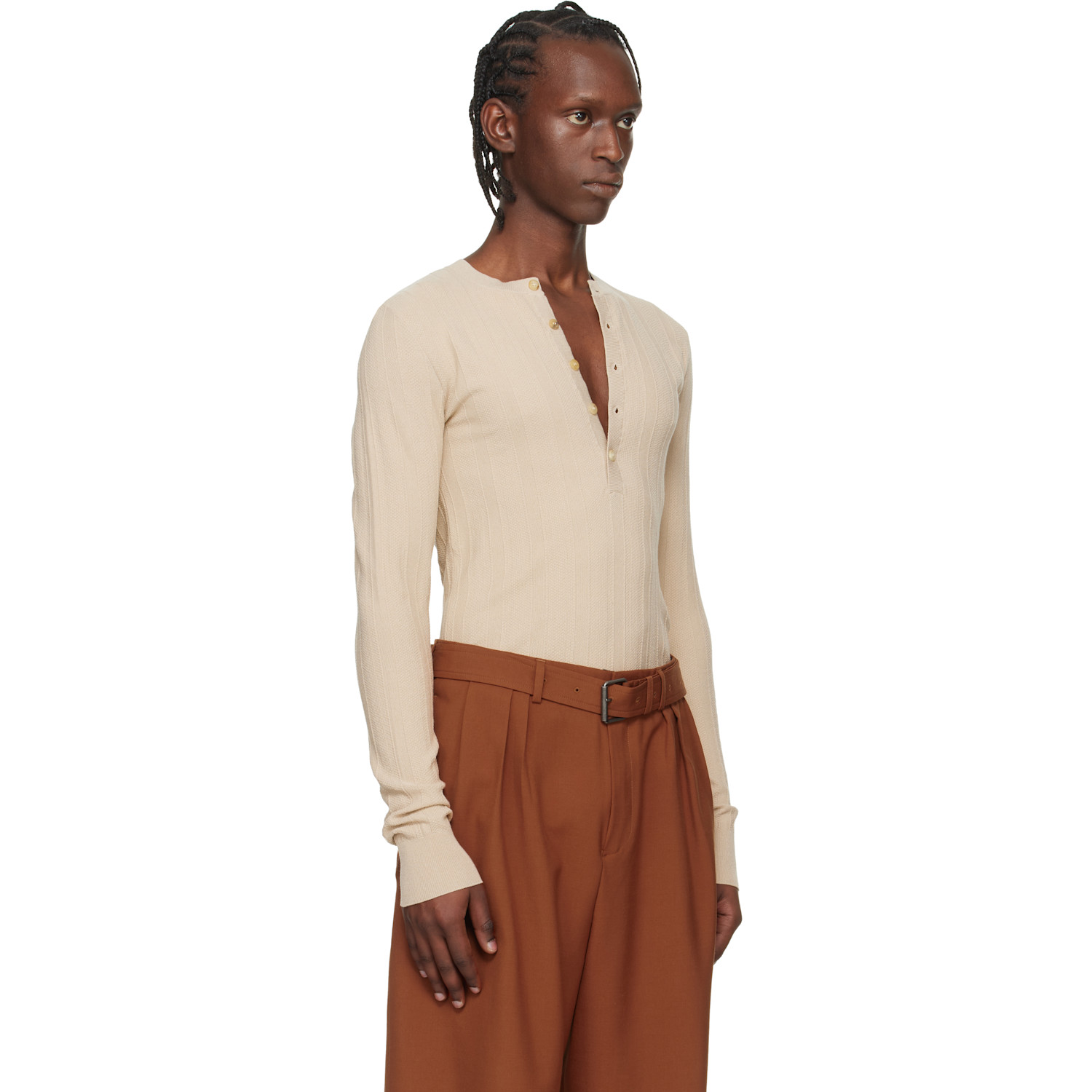  Dries Van Noten Beige Rib-knit Henley 
