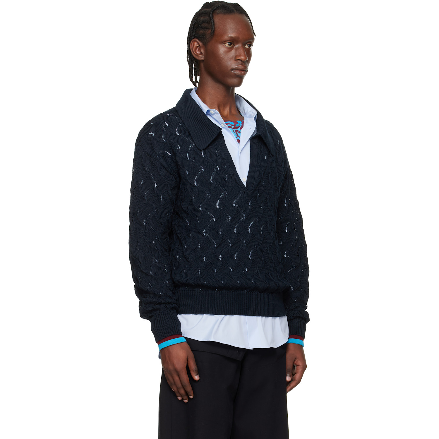  Dries Van Noten Navy Lace Stitch Polo Sweater 