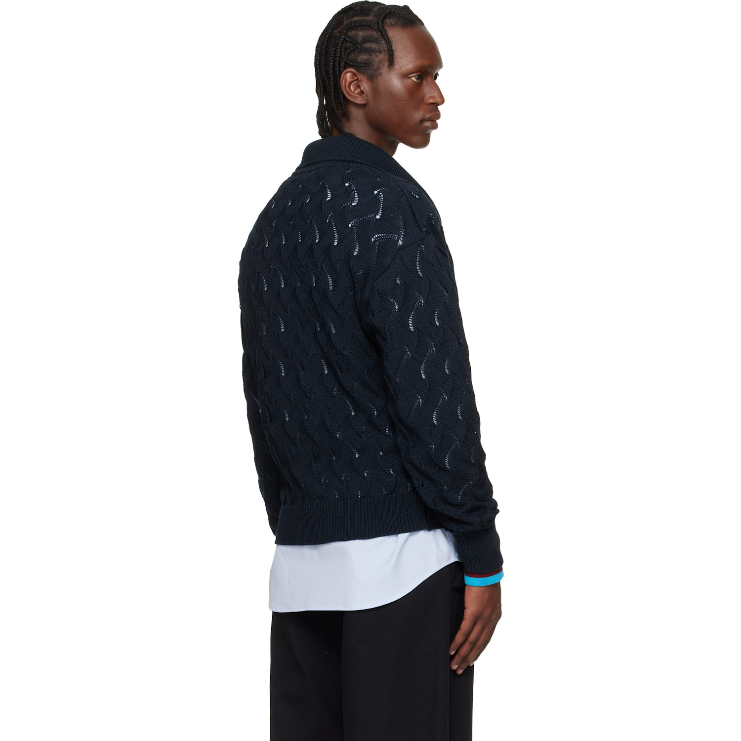  Dries Van Noten Navy Lace Stitch Polo Sweater 