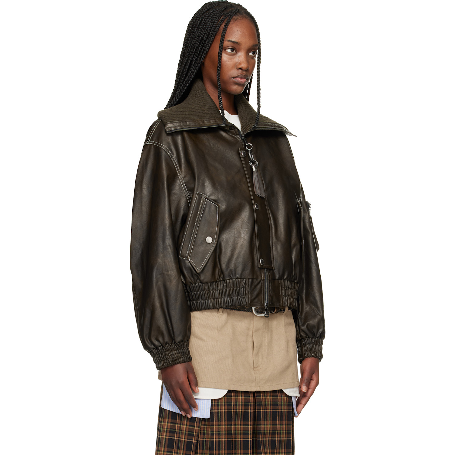  Andersson Bell Brown Knit-collar Ma-1 Faux-leather Bomber Jacket 