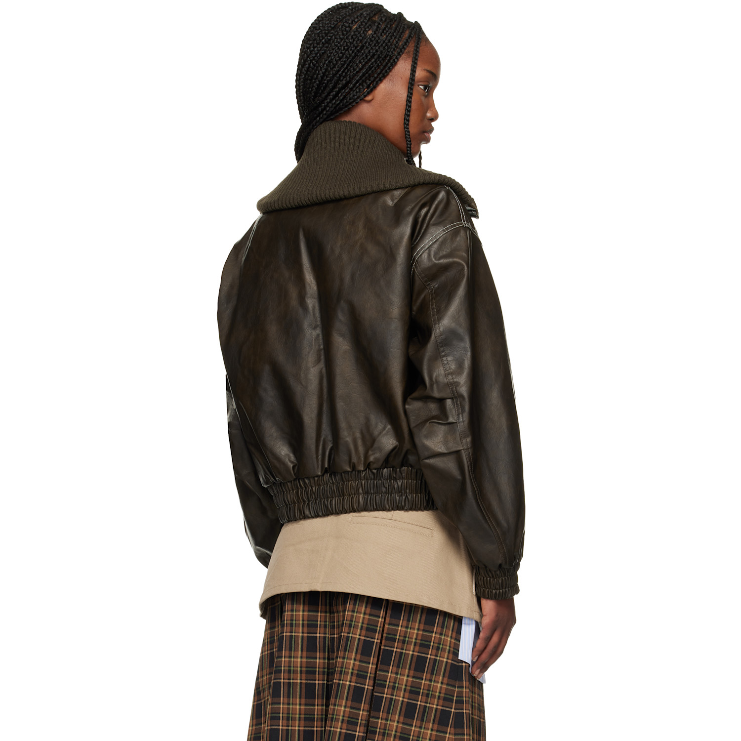  Andersson Bell Brown Knit-collar Ma-1 Faux-leather Bomber Jacket 