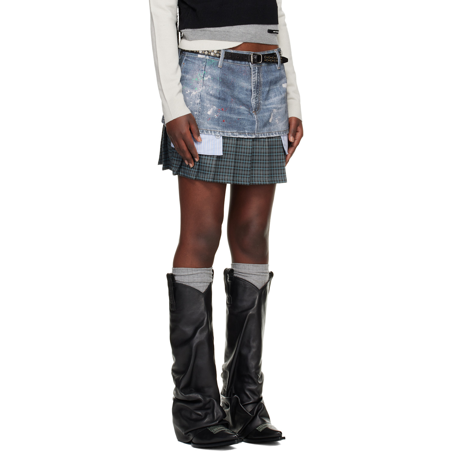  Andersson Bell Blue Painted Layered Pleats Denim Miniskirt 