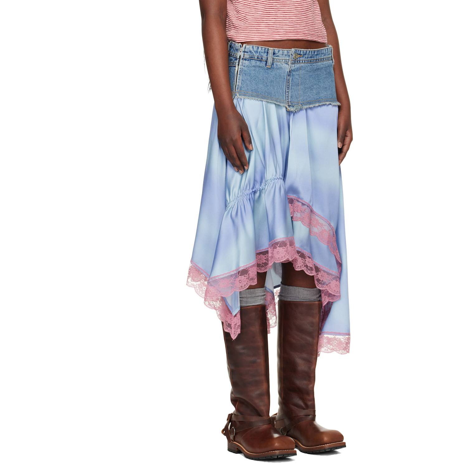  Andersson Bell Blue Denim Combination Lace Hem Midi Skirt 