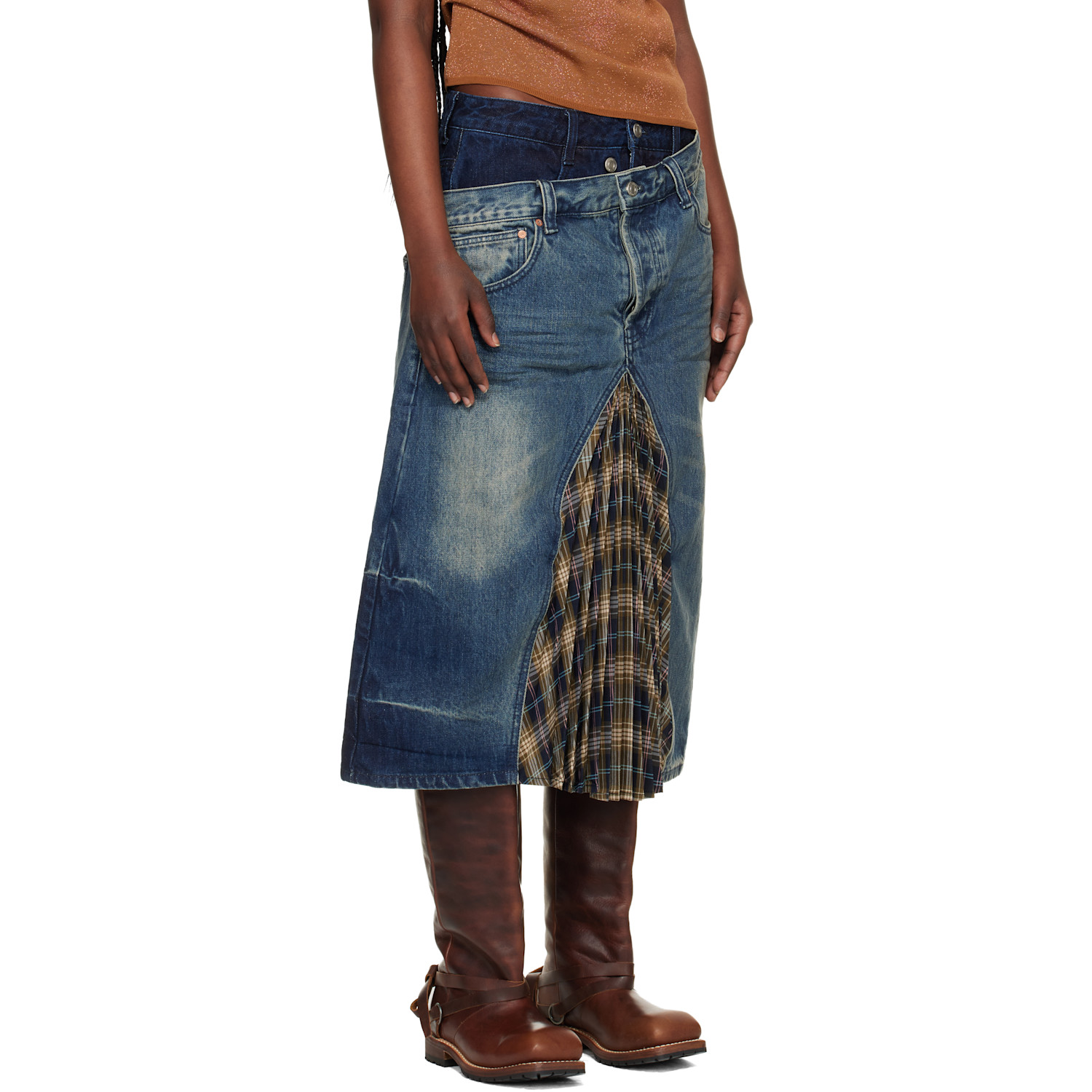  Andersson Bell Blue & Khaki Pleats Combo Flipped Denim Midi Skirt 